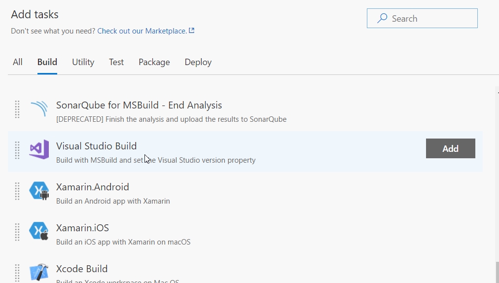 Under Add Tasks, the Build tab is selected. Below this, a list of tasks display, and Visual Studio Build is selected.